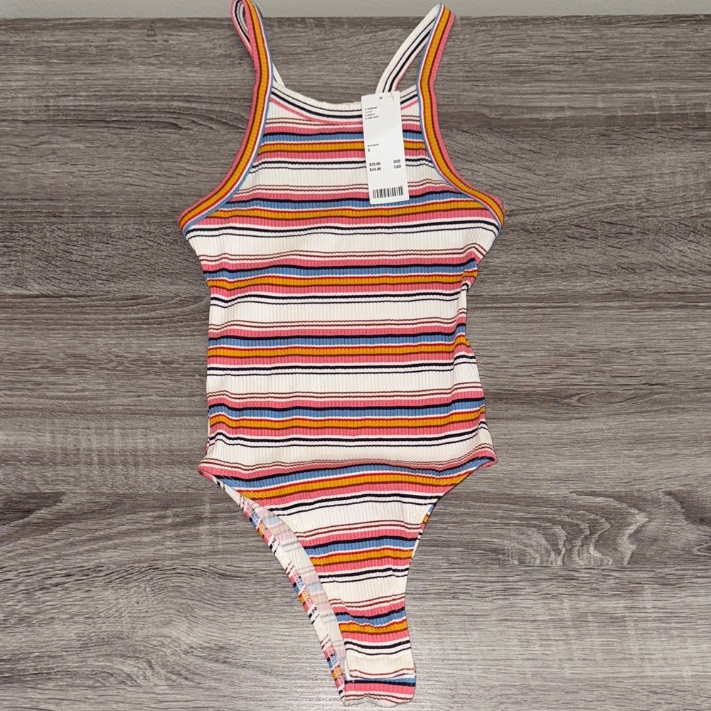 Out From Under Striped Ribbed Thong Bodysuit Rainbow Multi Color Size‎ S